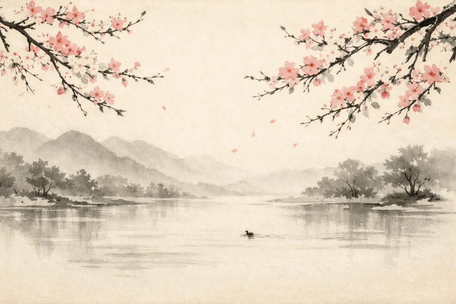 Sumi-e ink wash painting of cherry blossoms over a calm river